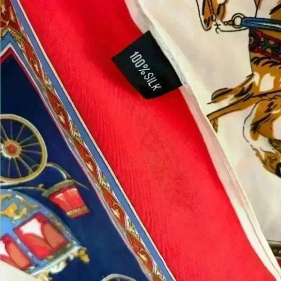 Lovely Silk equestrian carriage scarf. Size is 39x39 “ with red border. EUC - Picture 8 of 10